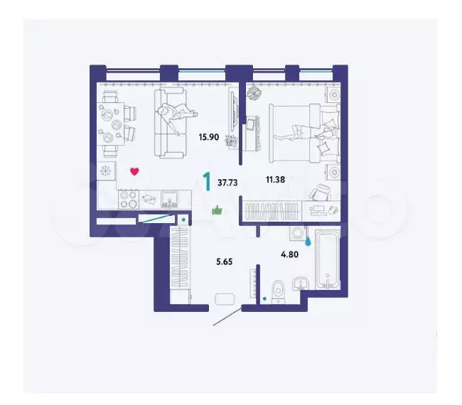 1-к. квартира, 37,7 м, 11/16 эт. - Фото 1