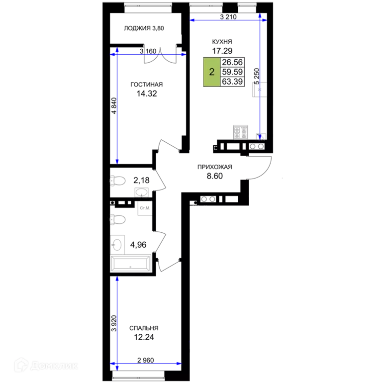 Продаётся 2-к квартира, 63.39 м - Фото 0