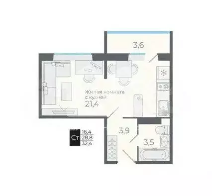 Квартира-студия: посёлок Садовый, микрорайон Околица, 4 (28.3 м) - Фото 1