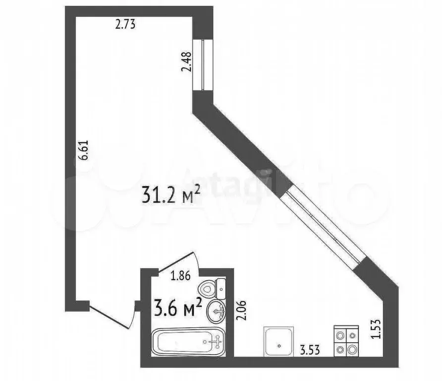 Квартира-студия, 34,8 м, 1/4 эт. - Фото 0