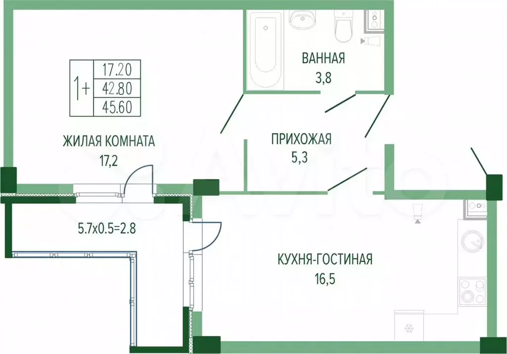 1-к. квартира, 45,6м, 2/7эт. - Фото 0