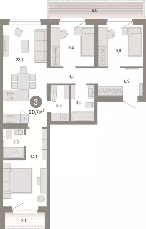 3-комнатная квартира: Тюмень, жилой комплекс На Минской (90.66 м) - Фото 1