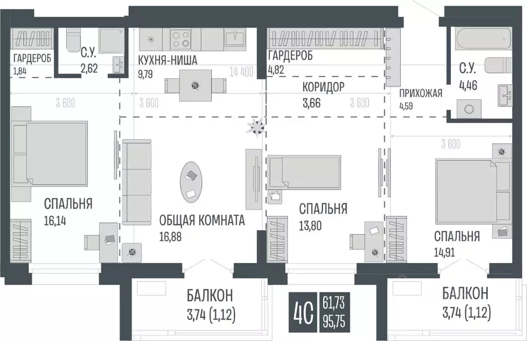 4-к кв. Алтайский край, Барнаул Опера Резиденс жилой комплекс, БС3 ... - Фото 1
