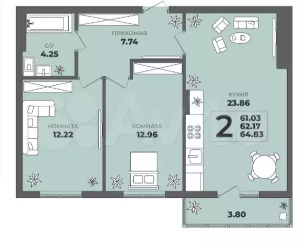 2-к. квартира, 64,8 м, 1/8 эт. - Фото 1
