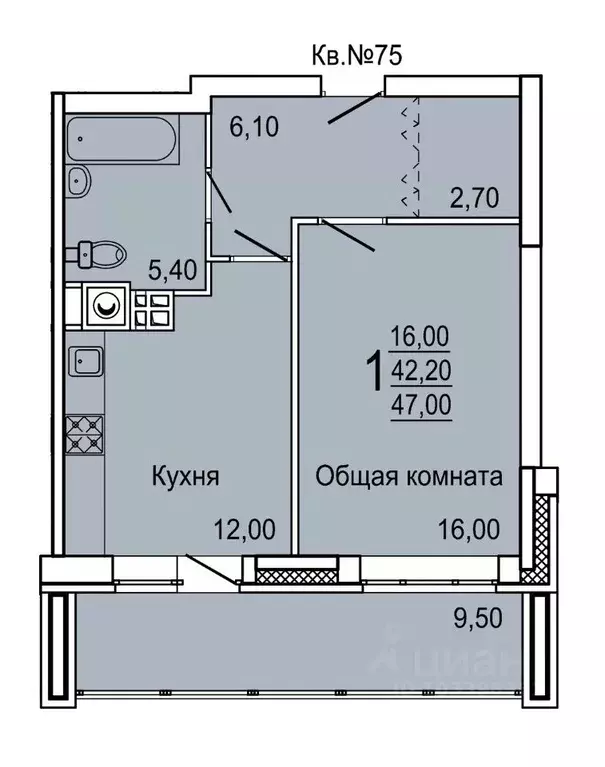 1-к кв. Тульская область, Тула ул. Седова, 20Д/1 (47.0 м) - Фото 0