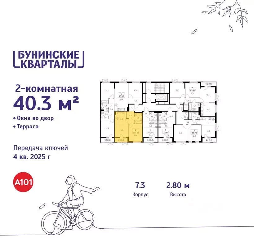 2-к кв. Москва Бунинские Кварталы жилой комплекс, 7.1 (40.3 м) - Фото 1