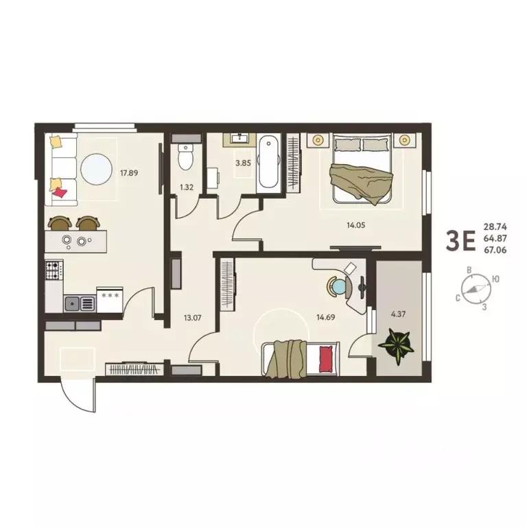 2-к кв. Курская область, Курск ул. Энгельса, 115/6 (67.06 м) - Фото 2