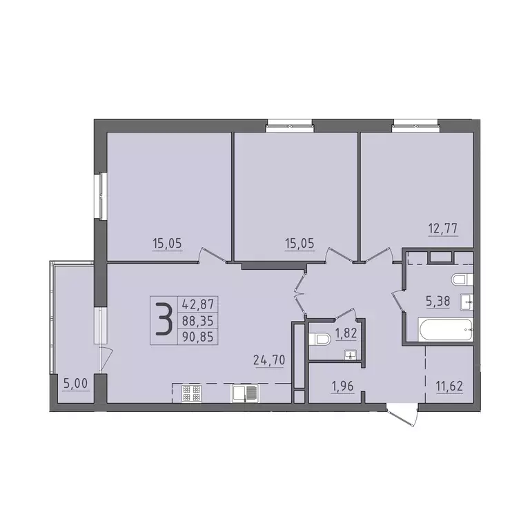 3-к квартира, 90.85 м - Фото 0