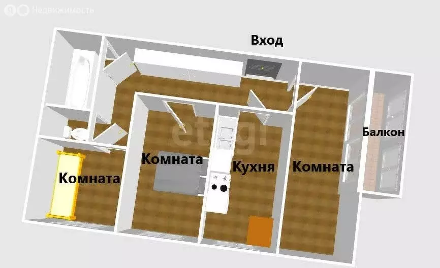 3-комнатная квартира: Южно-Сахалинск, Комсомольская улица, 300Б (66.4 ... - Фото 1