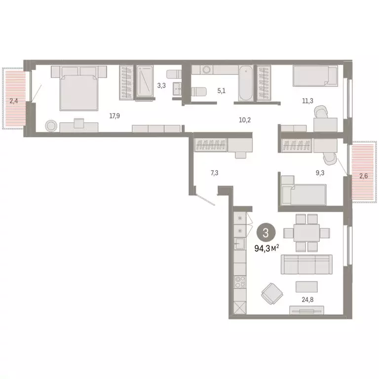3-комнатная квартира: Тюмень, Мысовская улица, 26к2 (94.27 м) - Фото 1