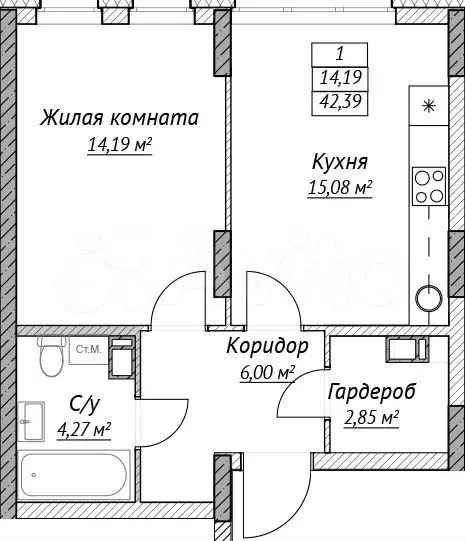 1-к. квартира, 42,4 м, 11/14 эт. - Фото 0