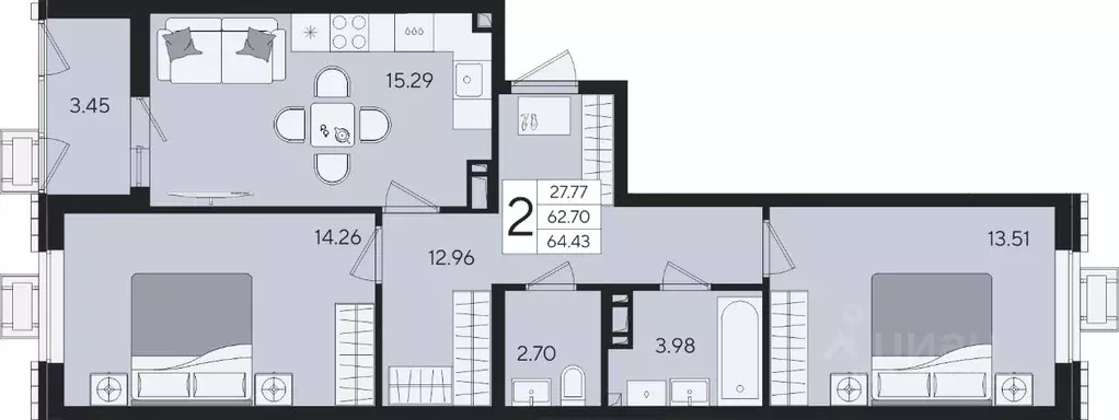 2-к кв. Краснодарский край, Краснодар  (64.43 м) - Фото 2