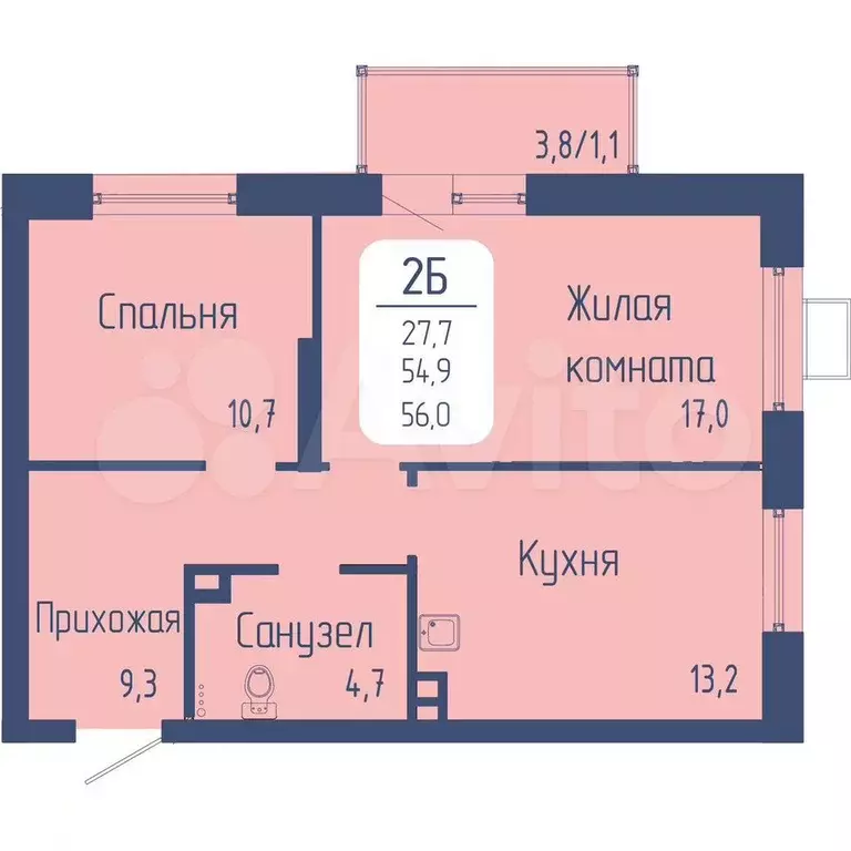 2-к. квартира, 56 м, 2/17 эт. - Фото 0