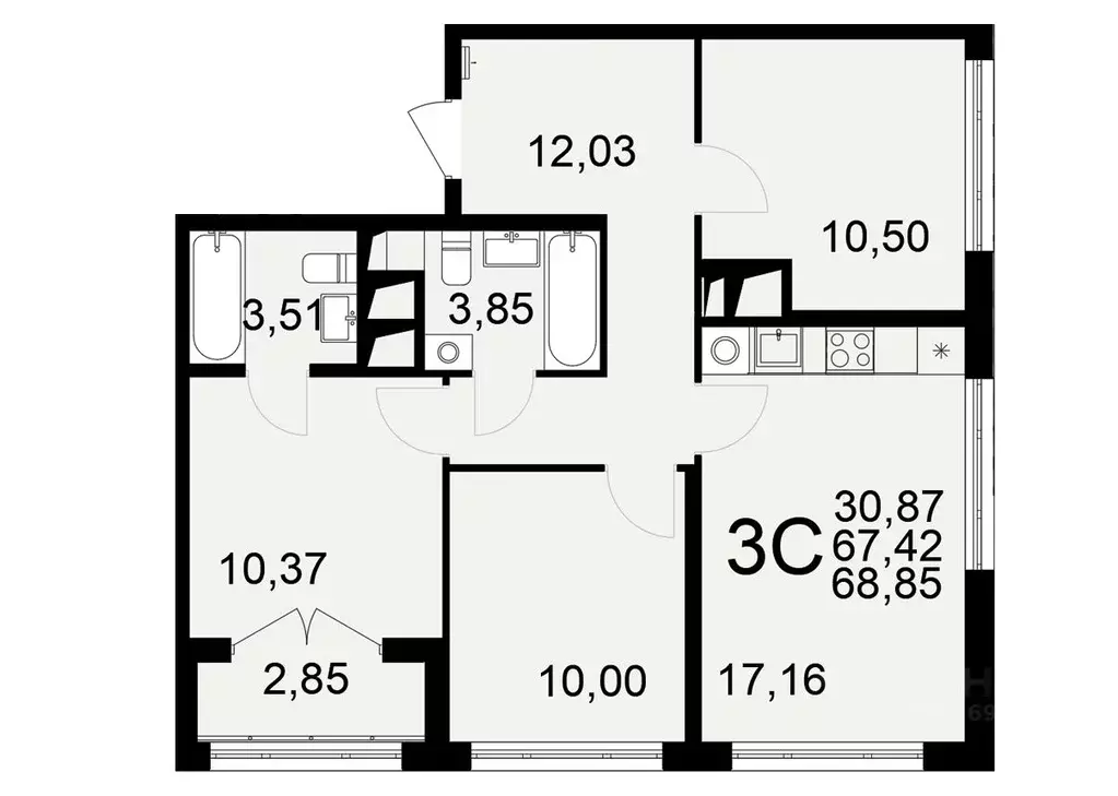 3-к кв. Тульская область, Тула Одоевское ш., 73Б (68.85 м) - Фото 1
