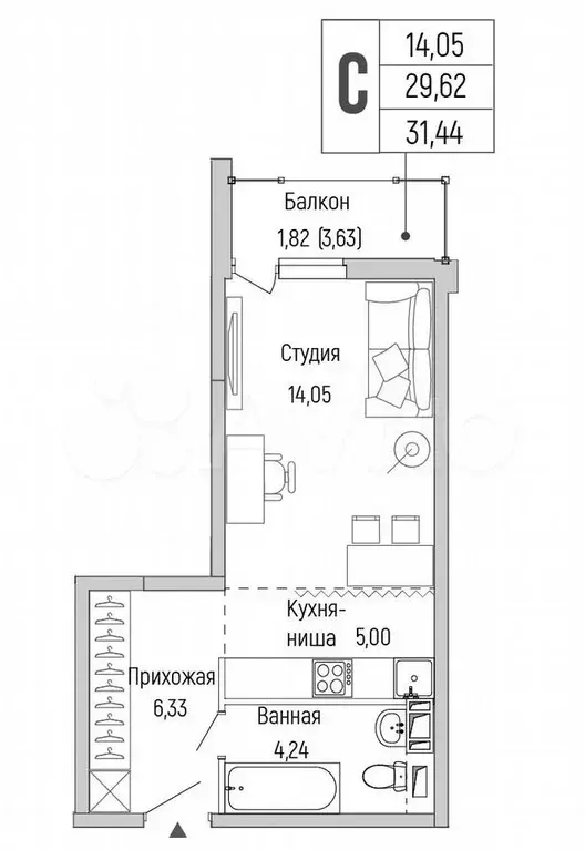 Квартира-студия, 31,4 м, 8/9 эт. - Фото 0
