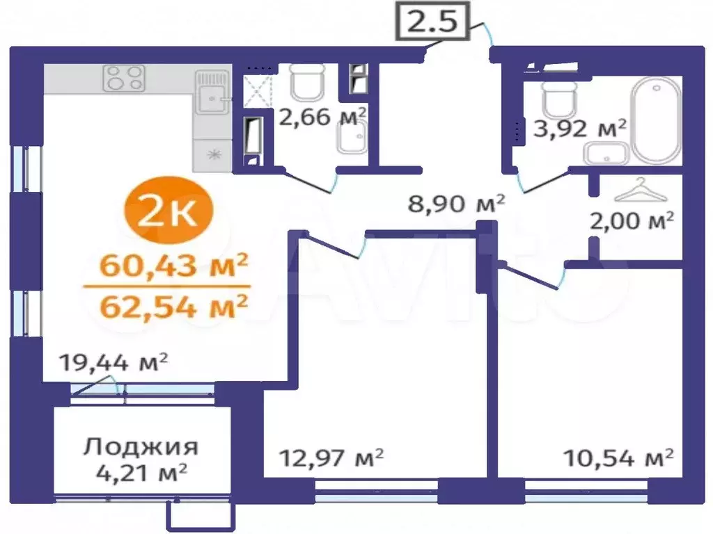2-к. квартира, 60,4 м, 13/24 эт. - Фото 1