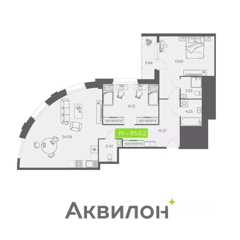 2-к кв. Архангельская область, Архангельск Троицкий просп., 110 (95.02 ... - Фото 1