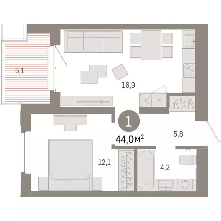 1-комнатная квартира: Тюмень, жилой комплекс На Минской (44.03 м) - Фото 1