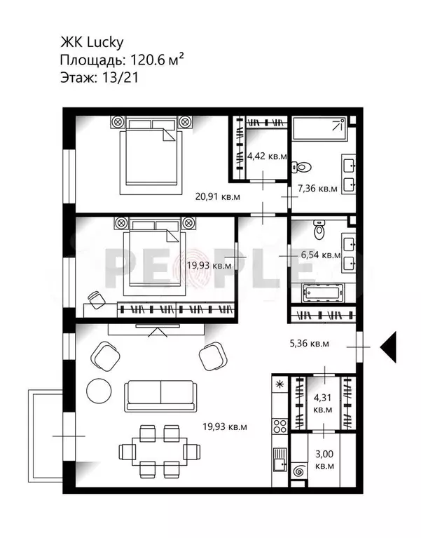 3-к. квартира, 121,6 м, 13/21 эт. - Фото 1