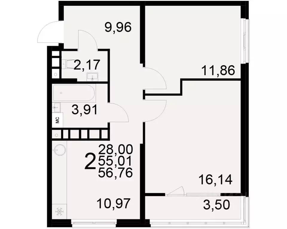 2-к кв. Рязанская область, Рязань ул. Бирюзова (55.01 м) - Фото 0