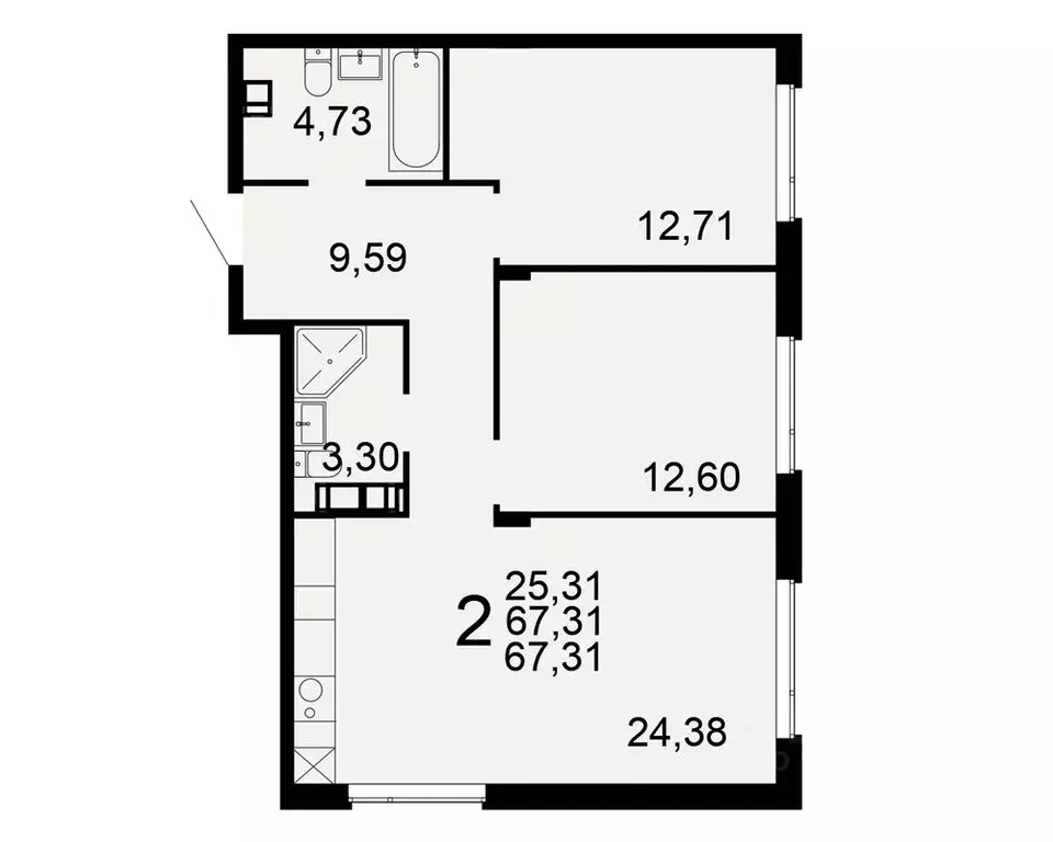 2-к кв. Тульская область, Тула Флагман жилой комплекс (67.31 м) - Фото 1