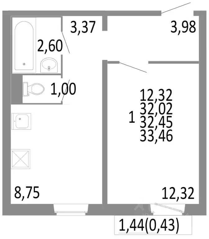 1-к кв. Челябинская область, Челябинск ул. Блюхера, 125Б (32.45 м) - Фото 0