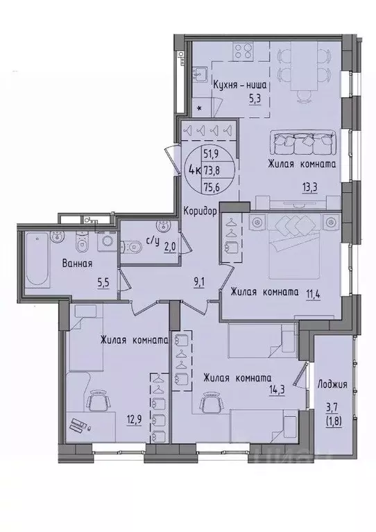 4-к кв. Пермский край, Пермь ул. Солдатова, 33 (73.0 м) - Фото 2