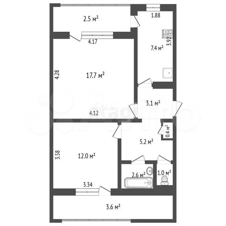 2-к. квартира, 49,4 м, 8/9 эт. - Фото 0