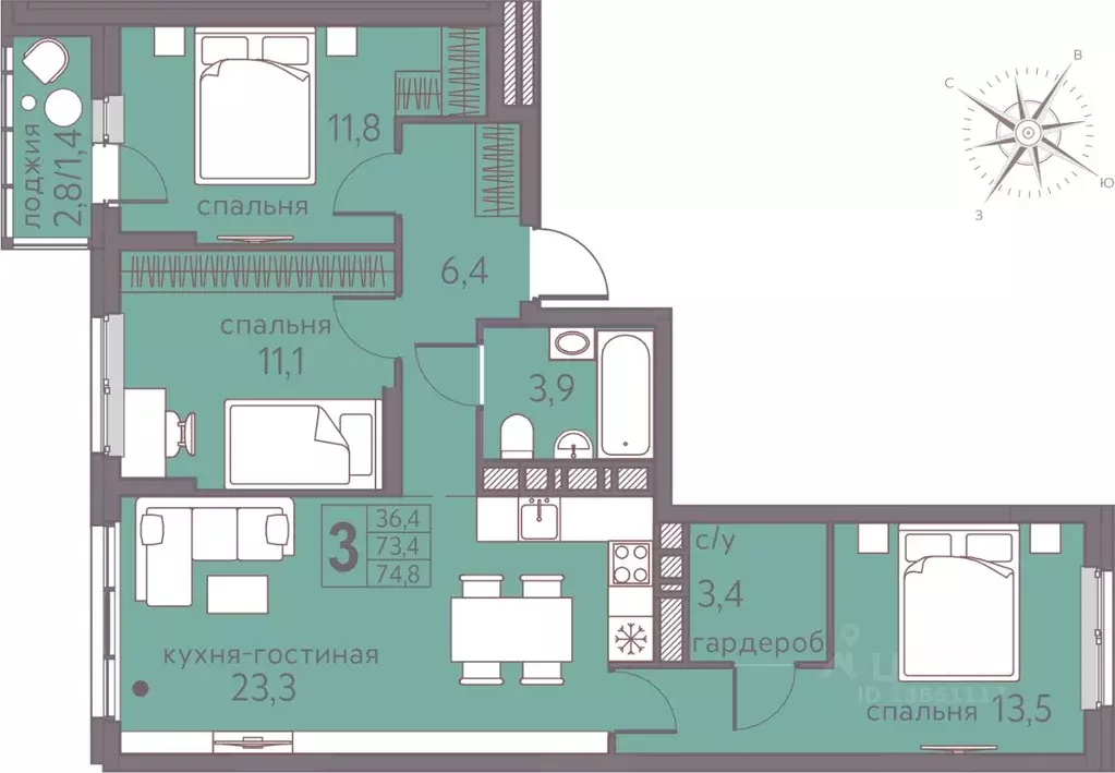 3-к кв. Пермский край, Пермь ул. Серебристая, 5 (74.8 м) - Фото 1