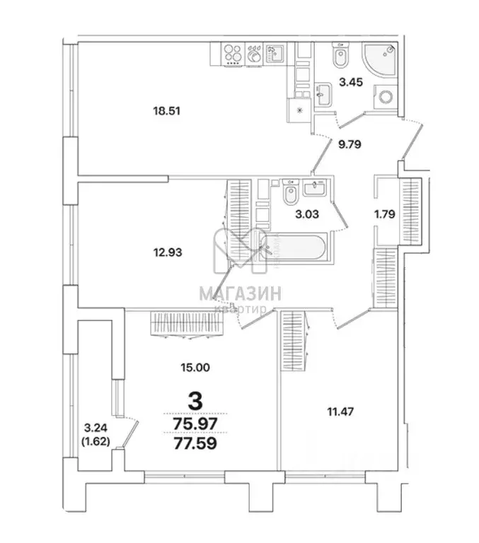 3-к кв. Санкт-Петербург Пискаревский просп., 142к1 (75.97 м) - Фото 1