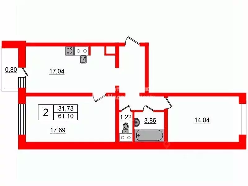 2-к кв. Санкт-Петербург Парашютная ул., 61к4 (61.1 м) - Фото 1