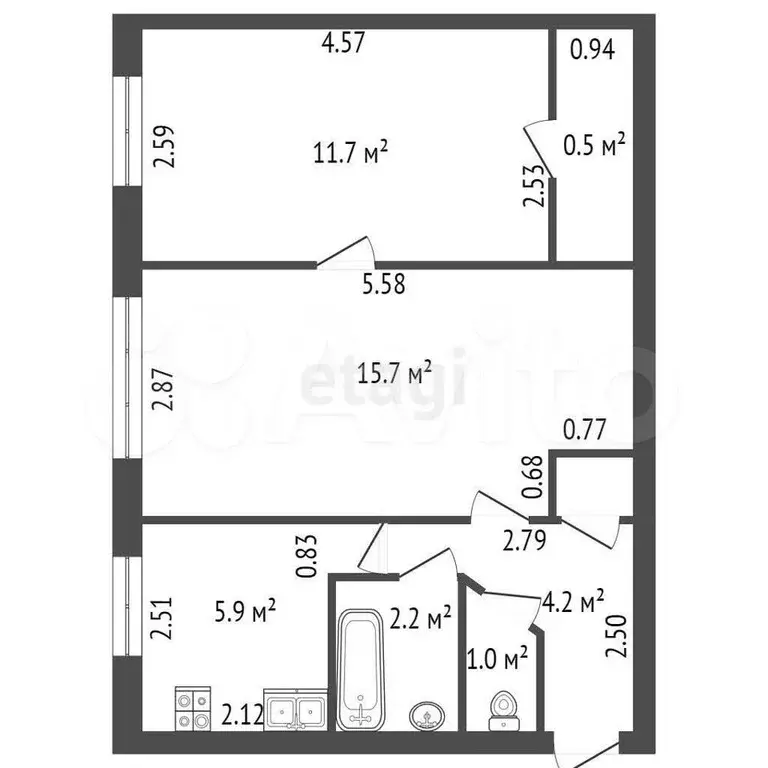 2-к. квартира, 43,6 м, 2/5 эт. - Фото 1