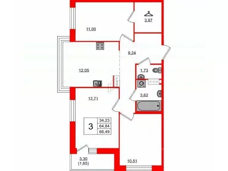 3-к кв. Ленинградская область, Кудрово г. Всеволожский район, ... - Фото 2