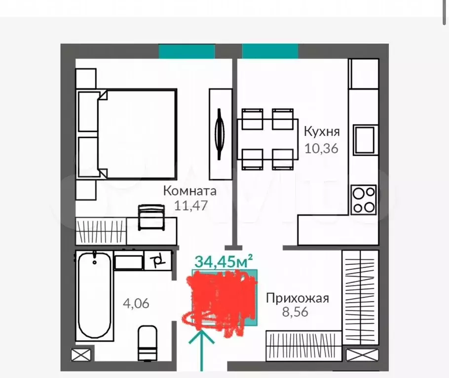 1-к. квартира, 34,5 м, 7/9 эт. - Фото 1