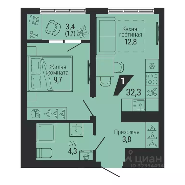 1-к кв. Свердловская область, Екатеринбург Вторчермет жилрайон,  (32.3 ... - Фото 1