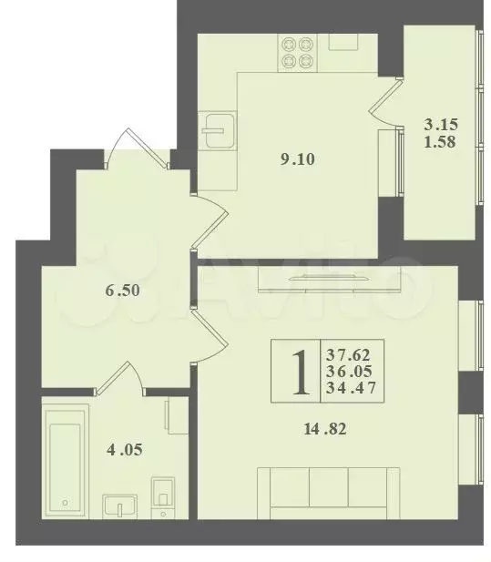 1-к. квартира, 37,6 м, 4/4 эт. - Фото 1