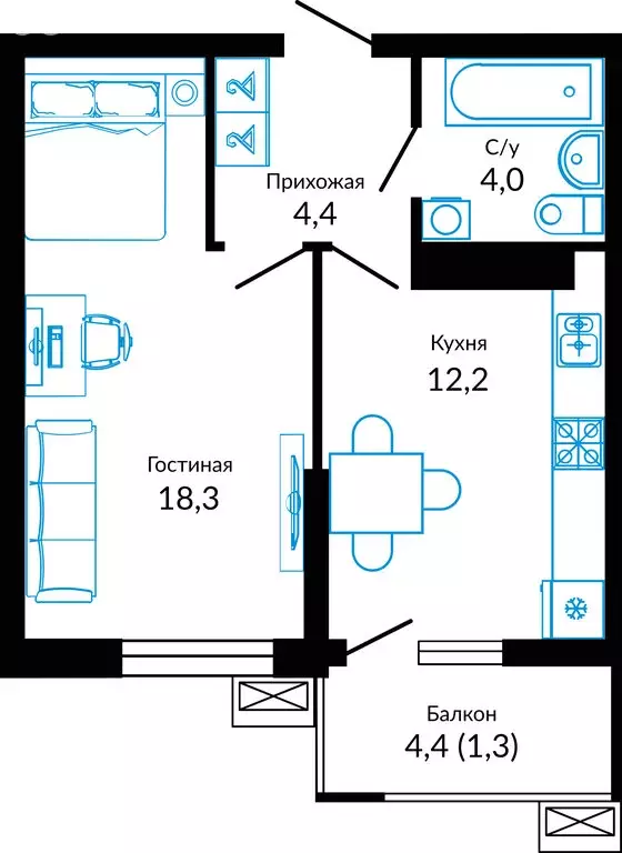 1-комнатная квартира: Краснодар, Конгрессная улица, 41 (41.3 м) - Фото 0