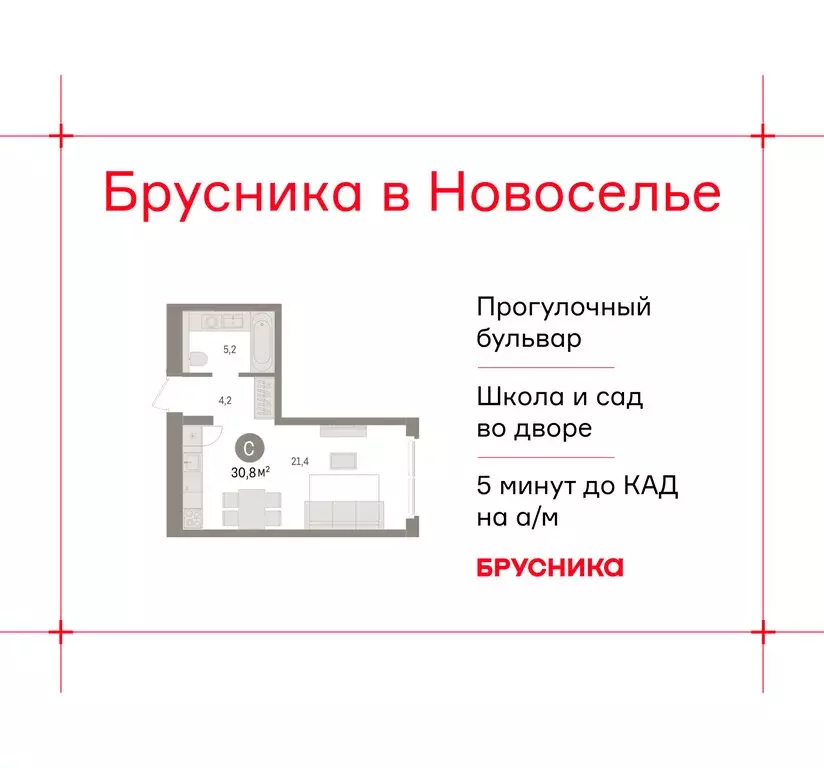 Квартира-студия: городской посёлок Новоселье, ЖК Брусника (30.76 м) - Фото 1