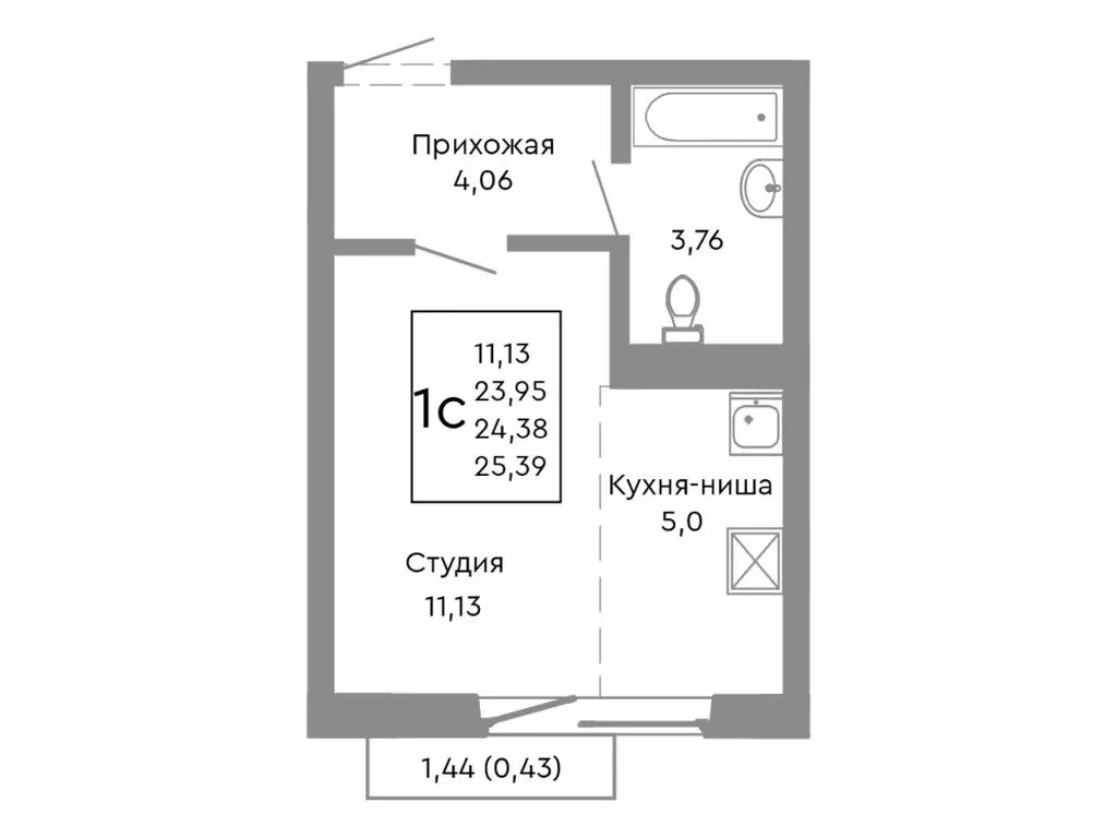 Студия Челябинская область, Челябинск Нефтебазовая ул., 1-13 (24.38 м) - Фото 1