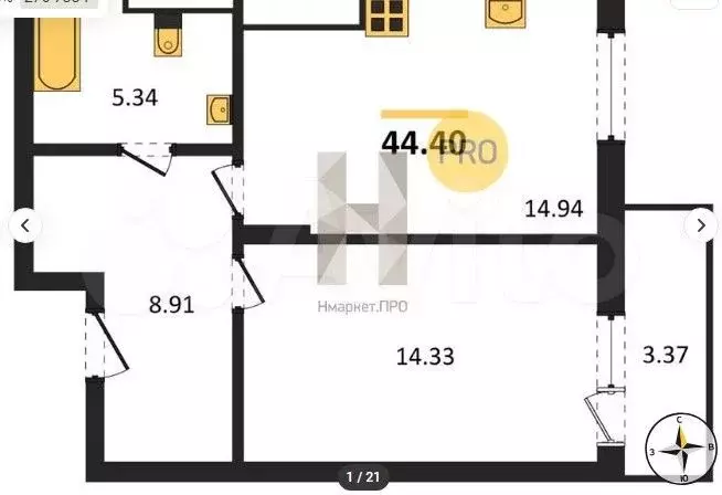 1-к. квартира, 44,4 м, 7/7 эт. - Фото 1