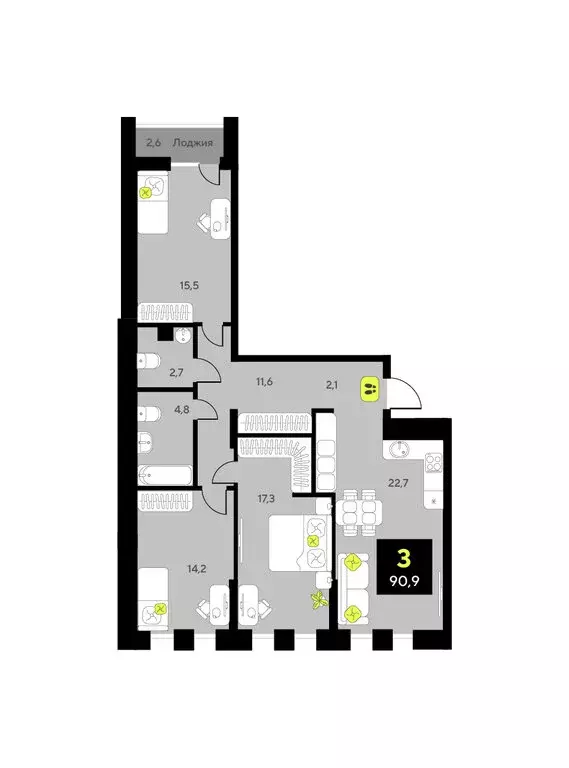 3-комнатная квартира: Тюмень, улица Пожарных и Спасателей, 14 (92.24 ... - Фото 1