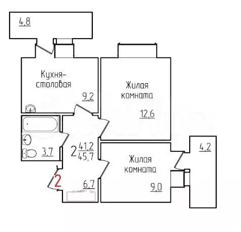2-к. квартира, 45,7 м, 1/12 эт. - Фото 0