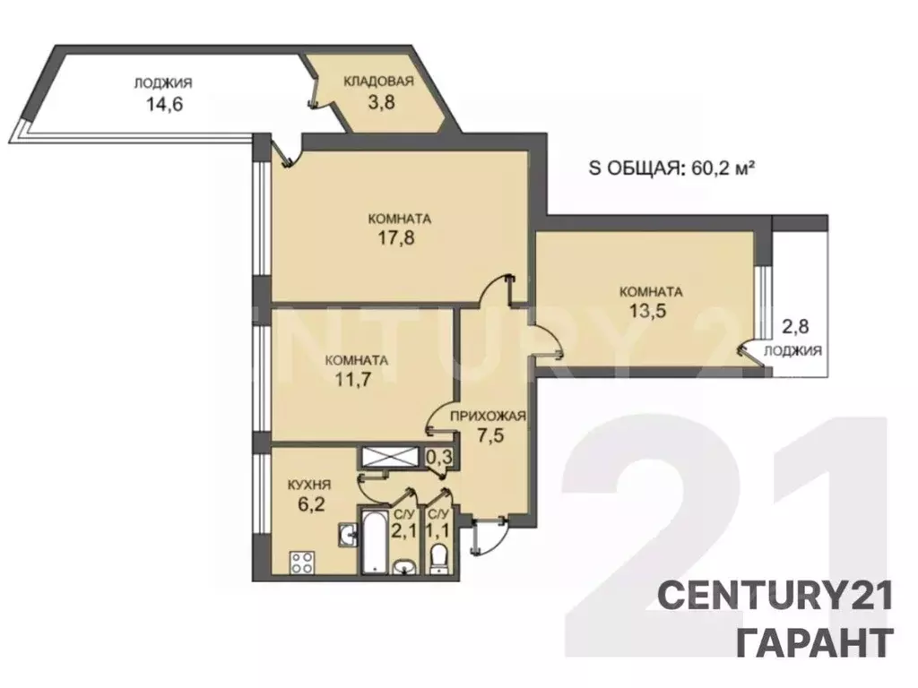 3-к кв. Санкт-Петербург ул. Пионерстроя, 7К2 (60.2 м) - Фото 2