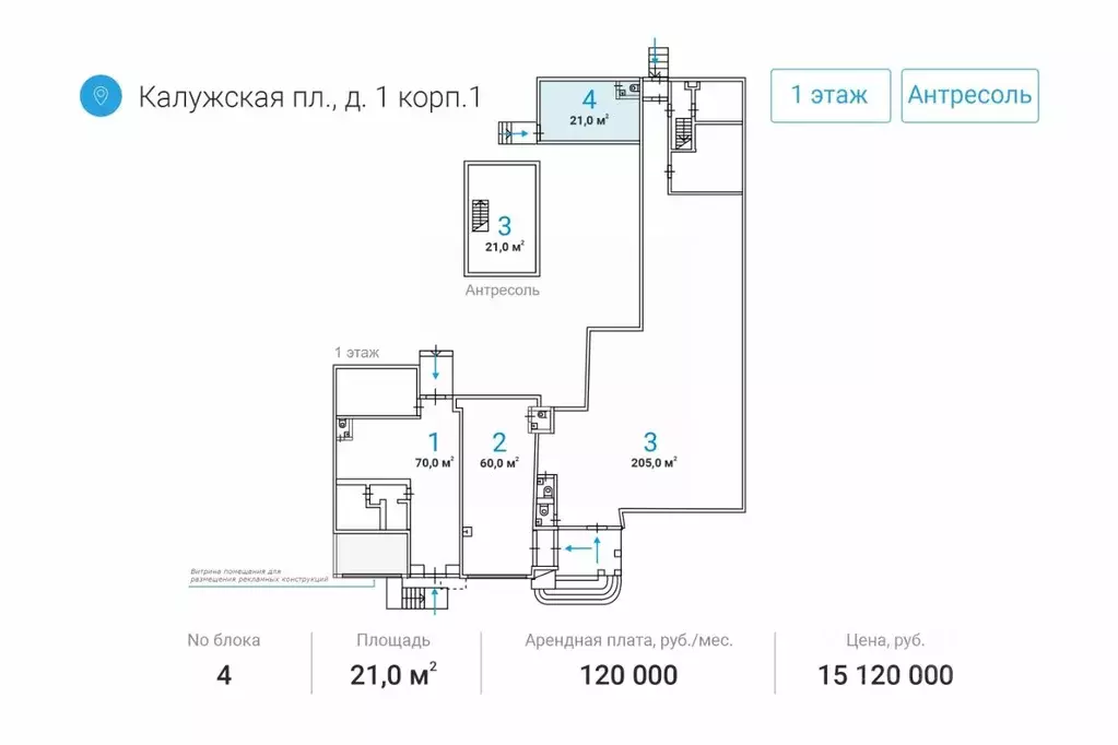 Торговая площадь в Москва Калужская пл., 1К1 (21 м) - Фото 1
