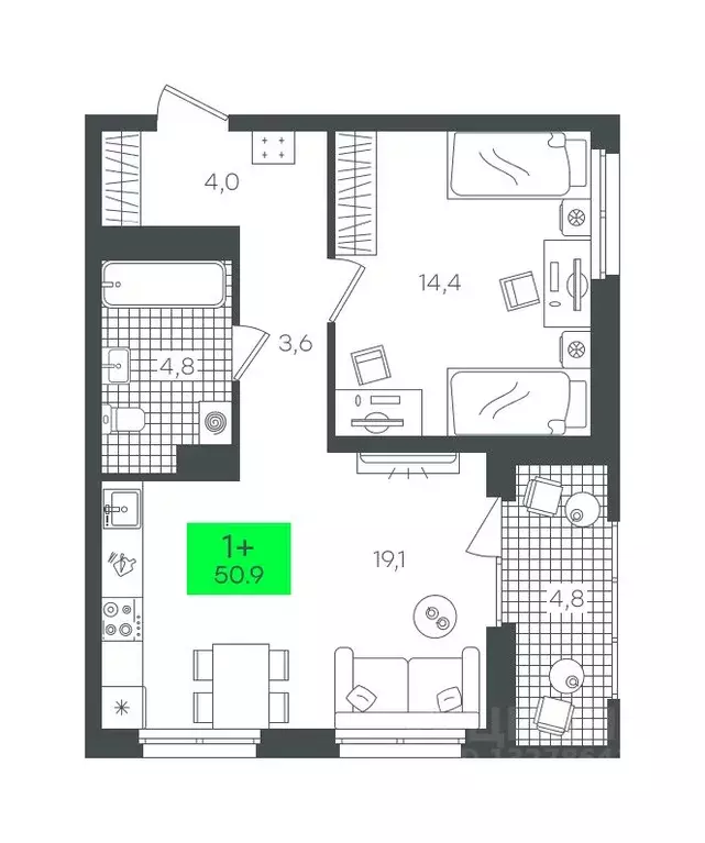 1-к кв. Тюменская область, Тюмень ул. Василия Малкова, 19 (50.93 м) - Фото 0