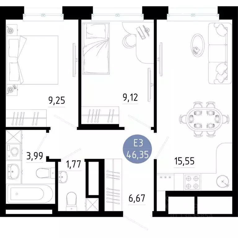 2-к кв. Рязанская область, Рязань 9-10-й кв-л,  (46.35 м) - Фото 1