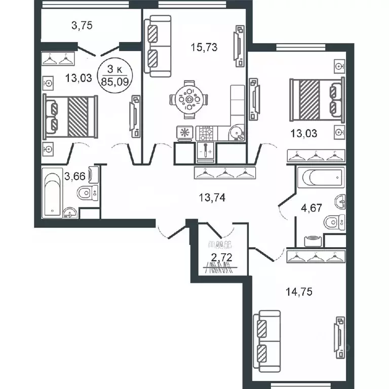 3-к кв. Тверская область, Тверь Южный мкр,  (85.09 м) - Фото 0