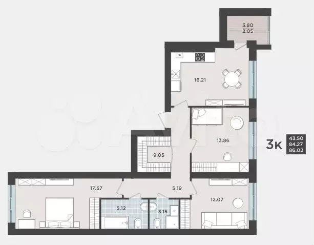 3-к. квартира, 86 м, 7/9 эт. - Фото 1