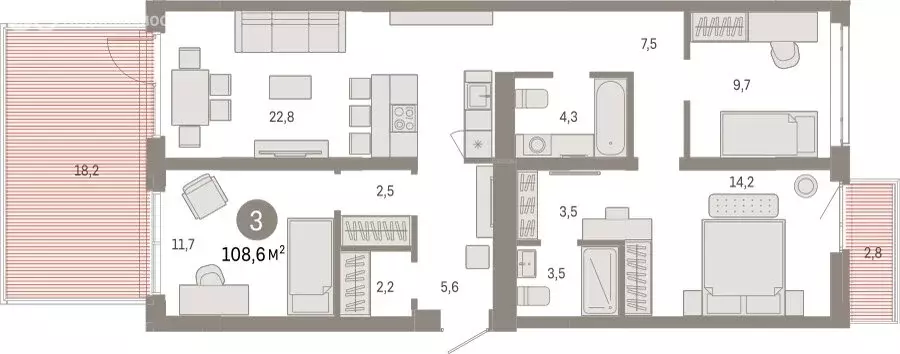 3-комнатная квартира: Тюмень, Ленинский округ (108.62 м) - Фото 1