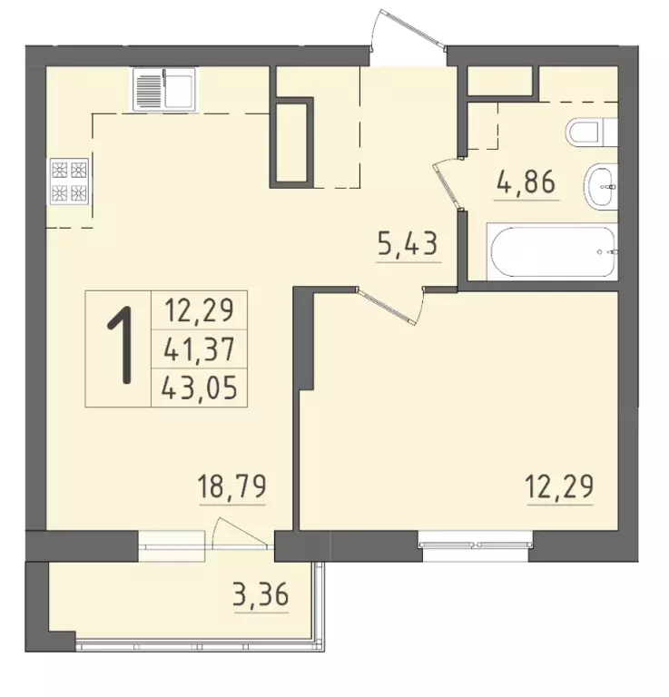 1-к квартира, 43.05 м - Фото 0